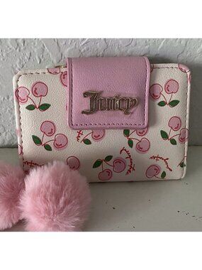 Juicy Couture Cherry Girl Mini Tab Wallet Soft White Flamingo Pink W/Charm NEW